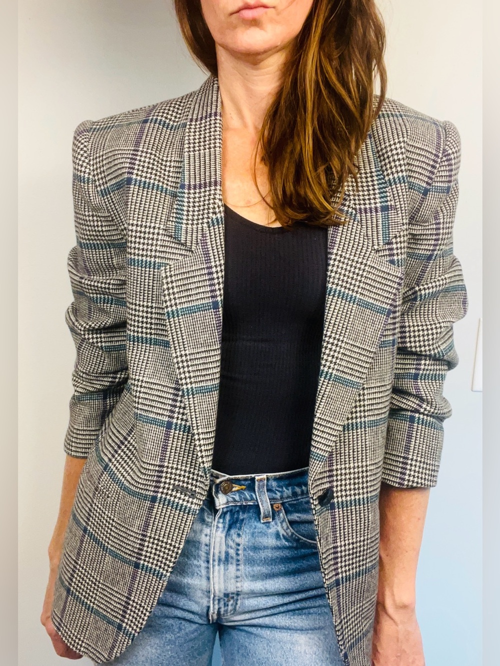 Vintage 90s Glen Plaid Boyfriend Blazer – Black, White & Teal – M/L - Picture 12 of 13